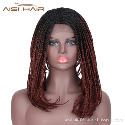 Aisi Hair Vendor Wholesale Ombre Red Afro Twist Box Braided Lace Frontal Wigs Synthetic Hair For Black Women Lace Front Wig